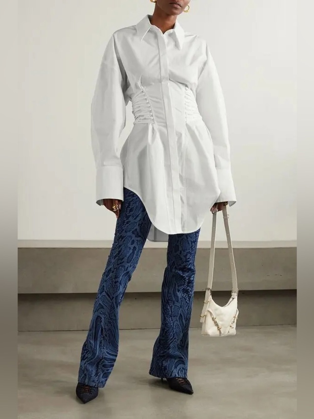 Mugler White Lace up Corset Mini Shirtdress